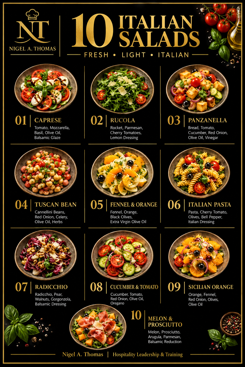 10 Italian Salads black and gold training poster by Nigel A. Thomas