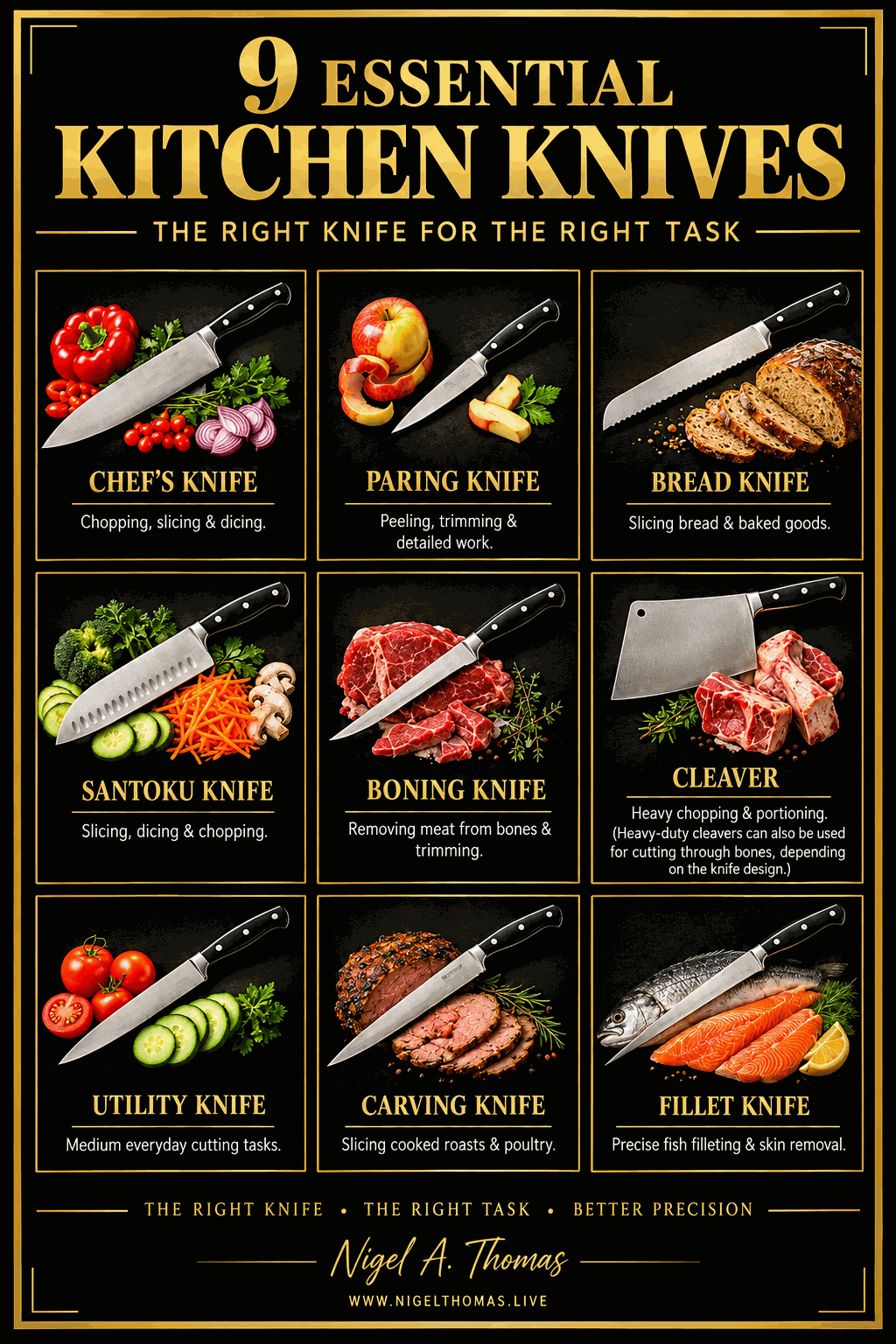 9 Essential Kitchen Knives infographic - chef's, paring, bread, santoku, boning, cleaver, utility, carving and fillet knives and what each is used for