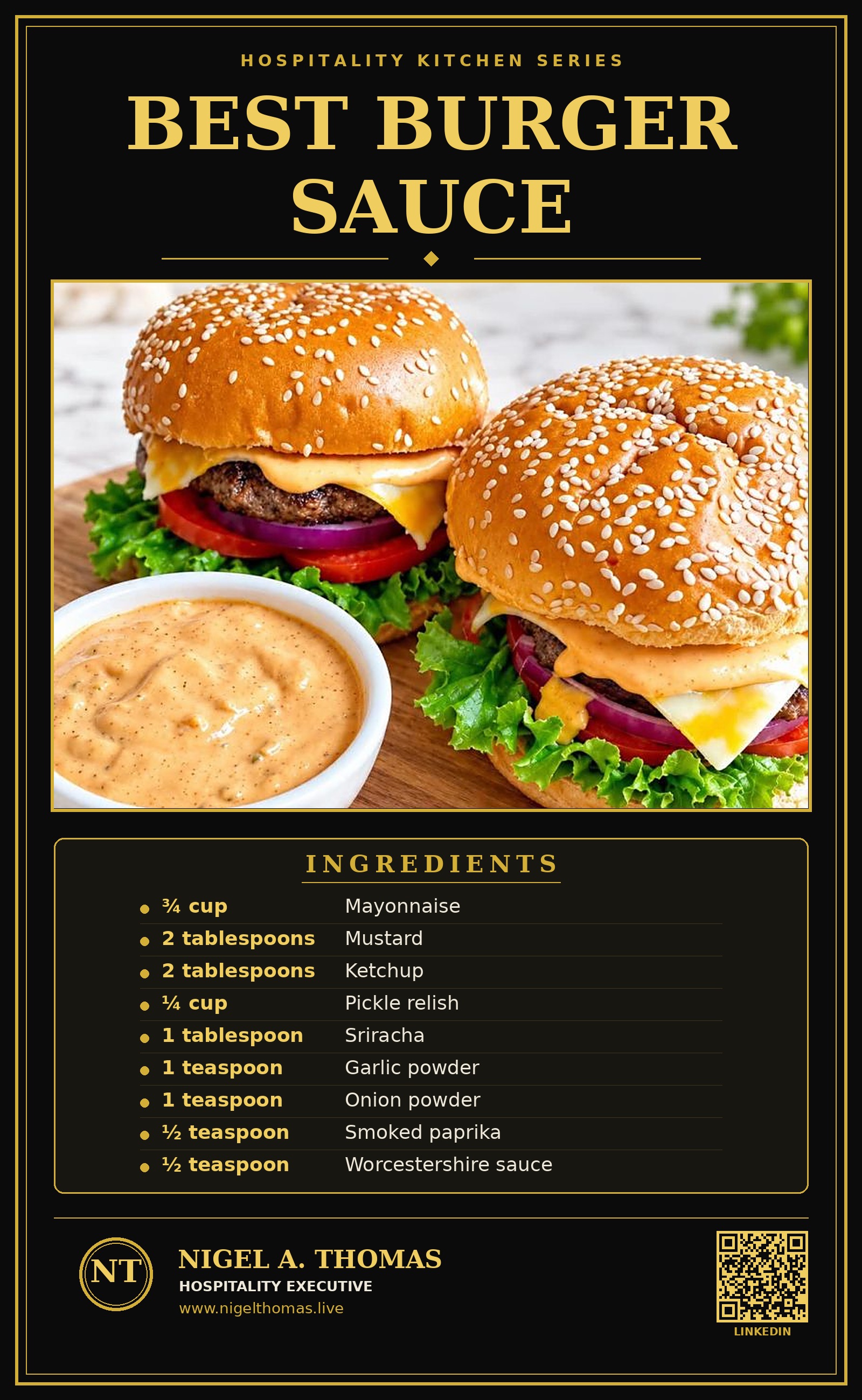 Best Burger Sauce poster: ingredients and burger photo, black and gold design by Nigel A. Thomas