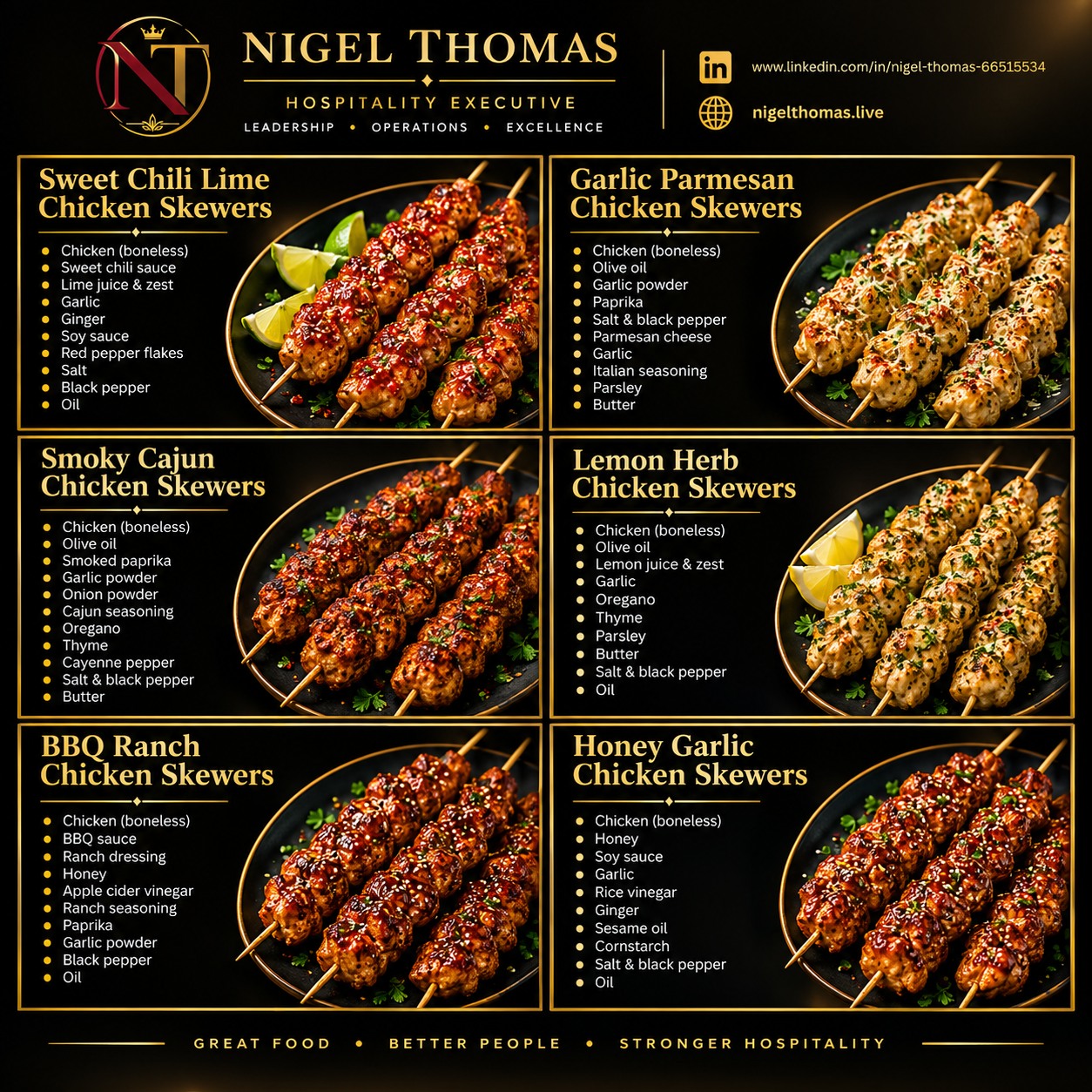 Black-and-gold Nigel Thomas poster showing six chicken skewer recipes: Sweet Chili Lime, Garlic Parmesan, Smoky Cajun, Lemon Herb, BBQ Ranch and Honey Garlic