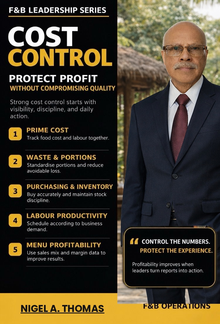 F&B Leadership Series poster on cost control: prime cost, waste and portions, purchasing and inventory, labour productivity, and menu profitability, by Nigel A. Thomas