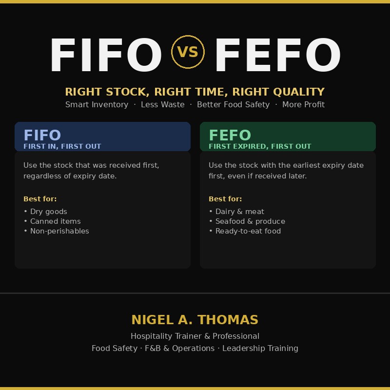 FIFO vs FEFO inventory rotation infographic comparing First In First Out and First Expired First Out methods