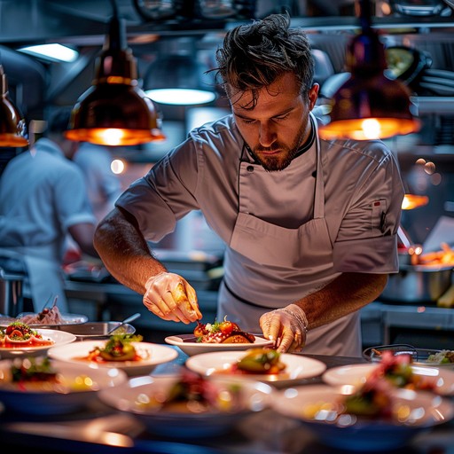 Chef plating a dish with precision in a professional kitchen