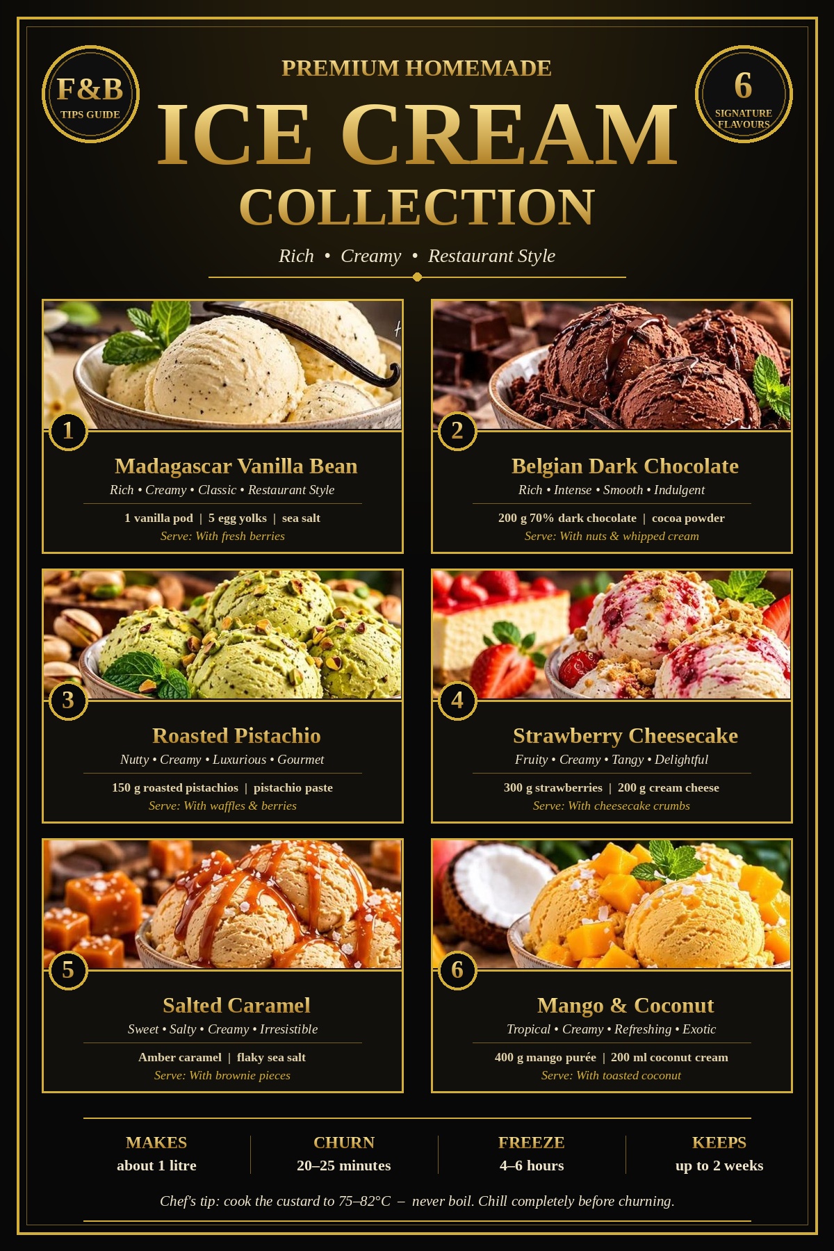 Premium Homemade Ice Cream Collection poster: six recipes in black and gold