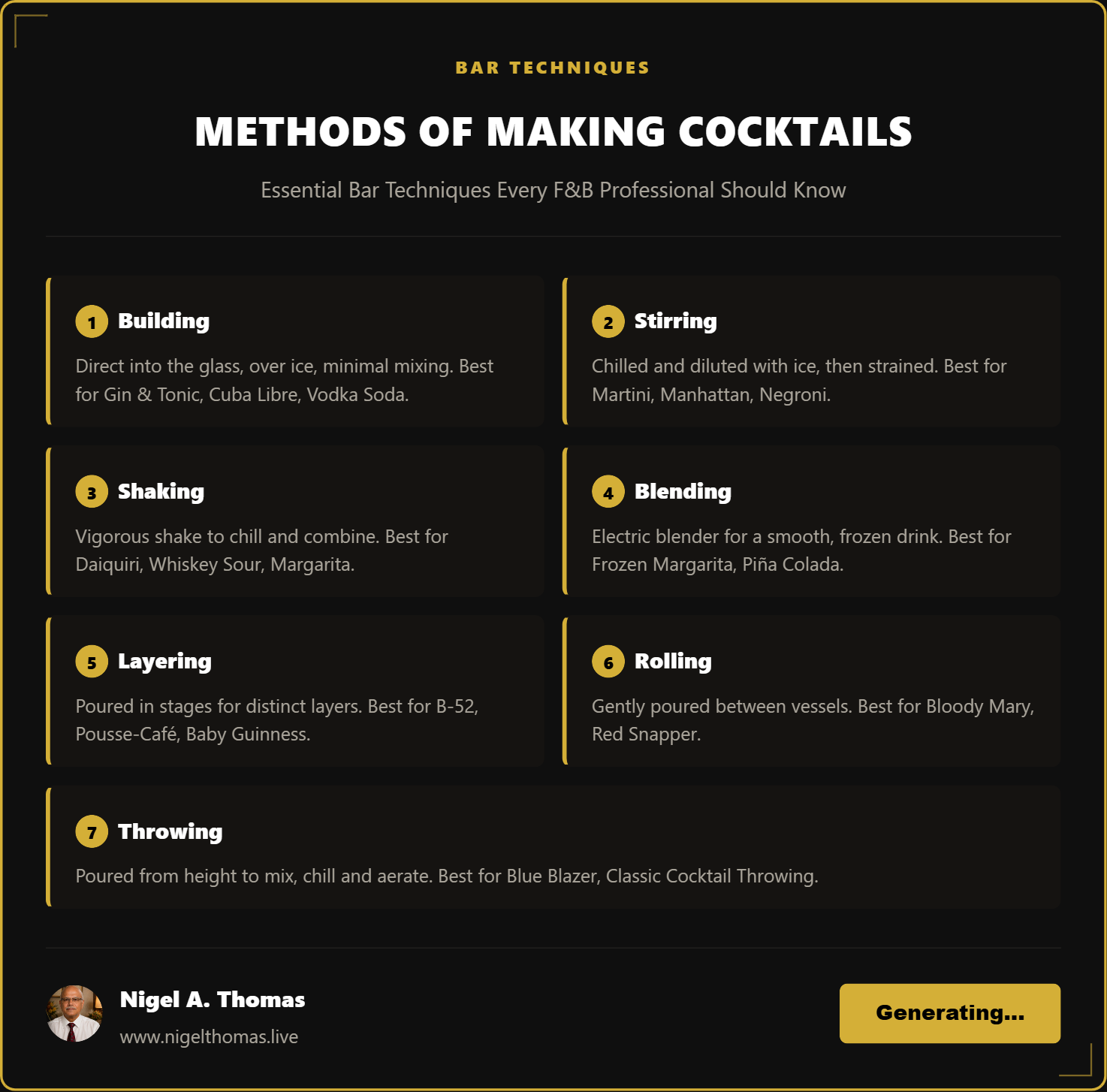 7 Methods of Making Cocktails infographic - building, stirring, shaking, blending, layering, rolling, throwing