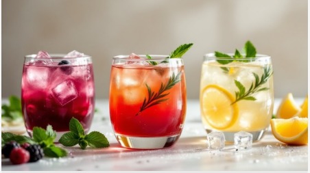 Colorful garnished cocktails and mocktails lined up on a bar counter