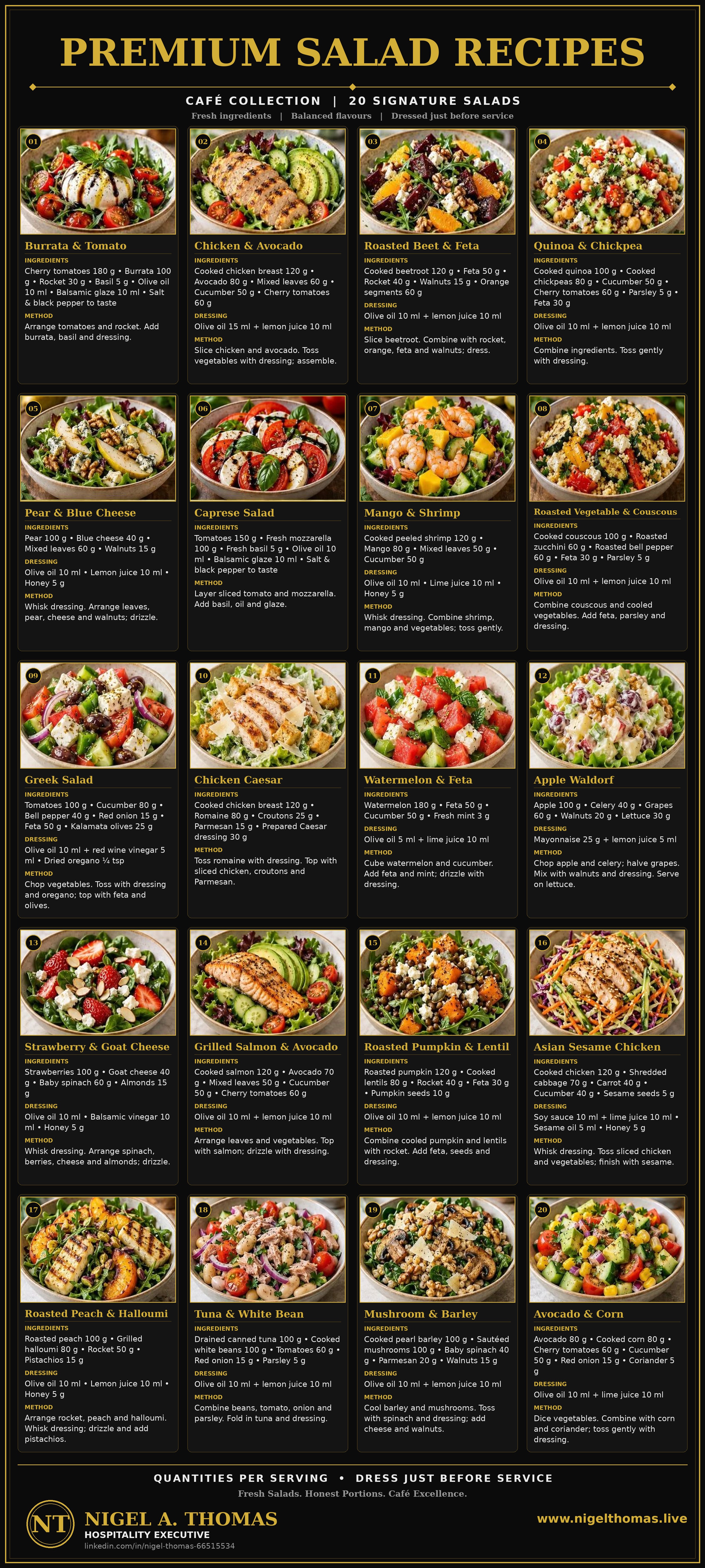 Premium Salad Recipes poster: 20 caf&eacute; signature salads with quantities, dressings and methods