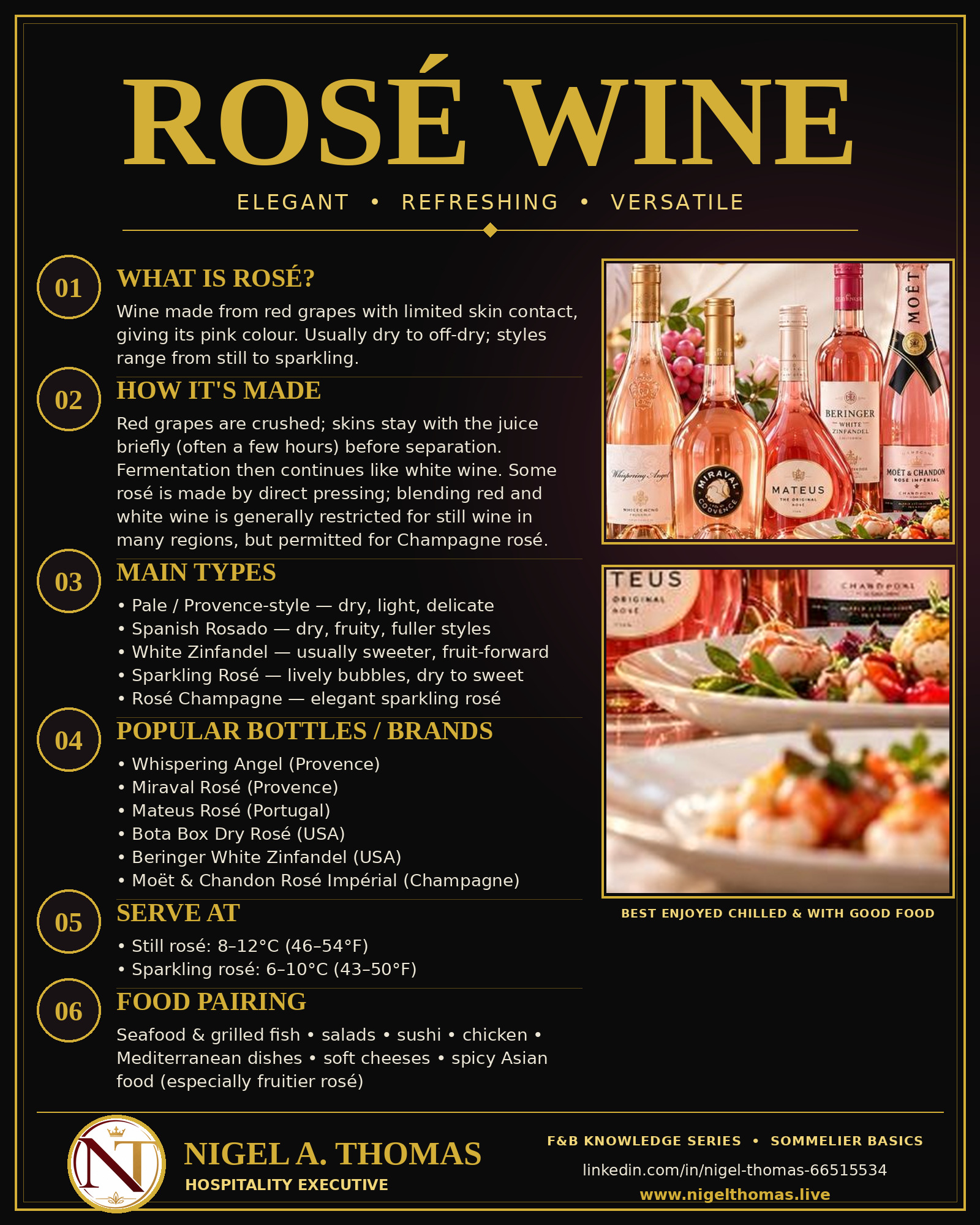 Rosé Wine infographic poster: what is rosé, how it is made, main types, popular brands, serving temperature and food pairing - Nigel A. Thomas