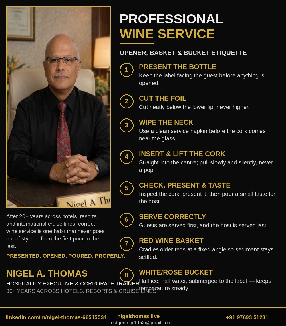 Professional Wine Service Etiquette infographic — opener steps, red wine basket, and white/rosé wine bucket