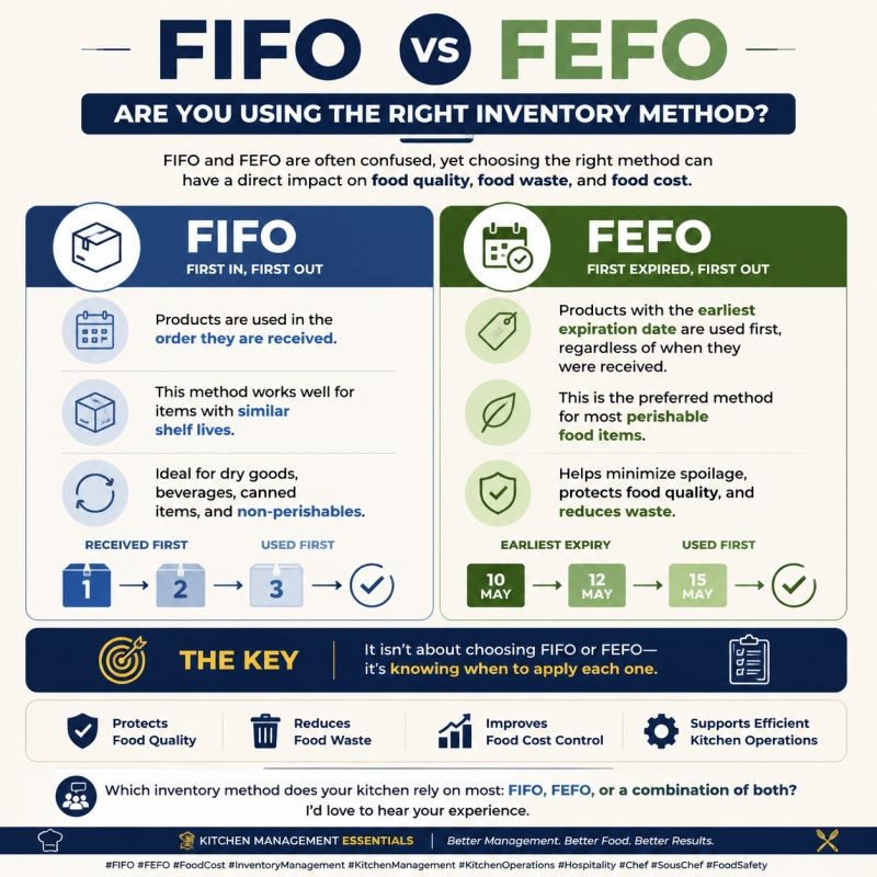 FIFO vs FEFO inventory rotation infographic comparing First In First Out and First Expired First Out methods