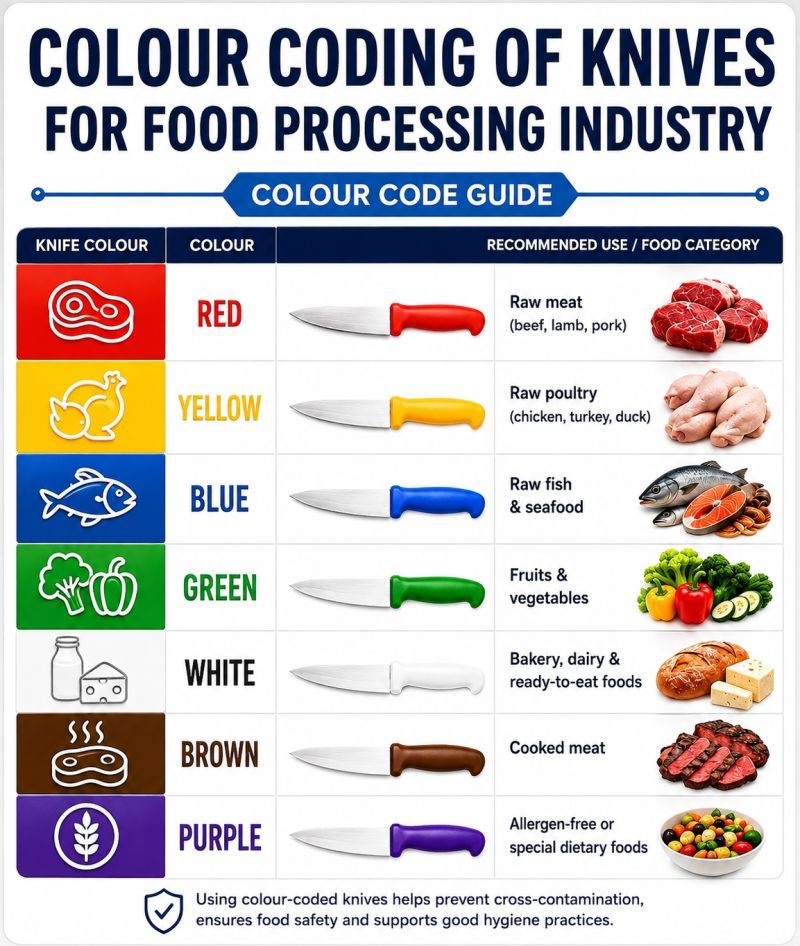 Colour coding of knives for the food processing industry — red, yellow, blue, green, white, brown, and purple handle guide