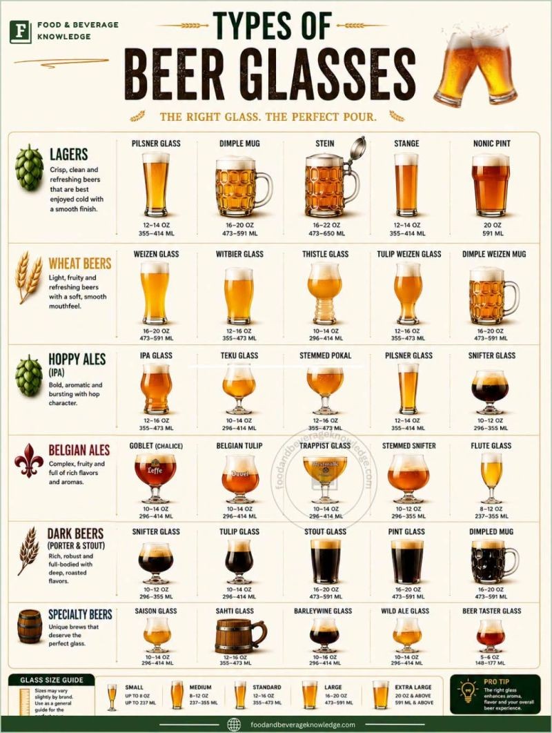 Types of beer glasses chart showing pilsner, dimple mug, stein, stange, nonic pint, weizen, witbier, thistle, tulip, IPA glass, teku, goblet, snifter, stout glass and more